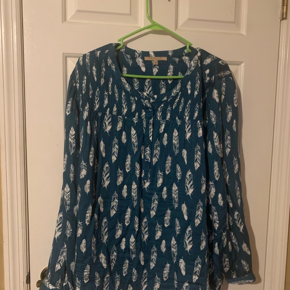 Teal Feather Print Blouse
